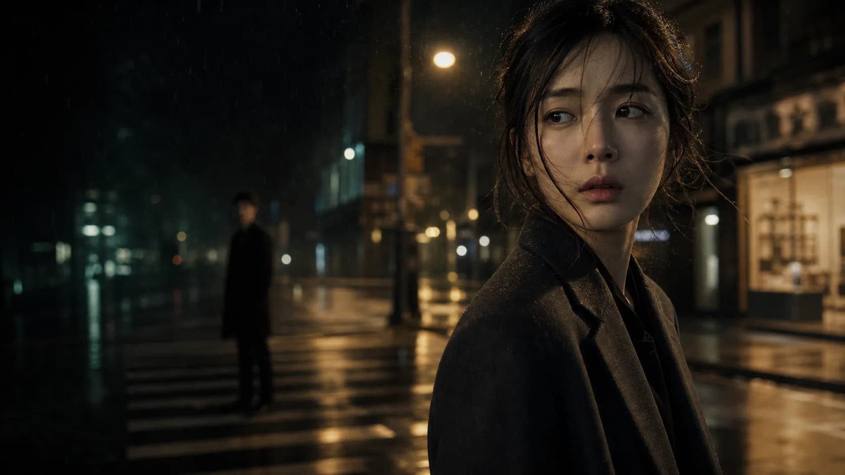 雨夜街头，一位女性回头望向十年未见的人